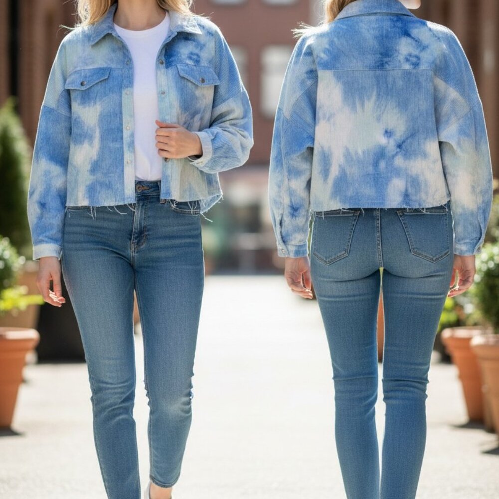Tie-Dye Blue White Corduroy Button-Up Crop Jacket With Frayed Hem Size Medium